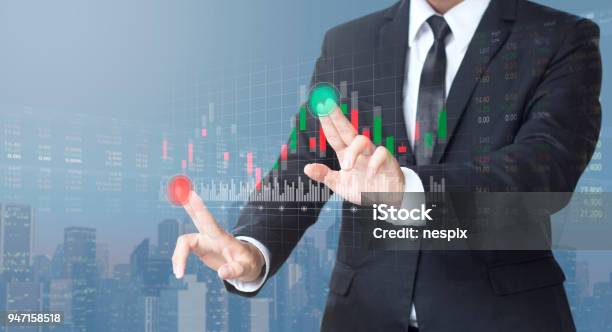 Businessman Trading Stock Market On Digital Screen Stock Photo - Download Image Now - Stock Certificate, Stock Market and Exchange, Stock Market Data