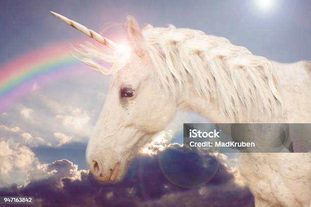 Unicornio Foto de stock y más banco de imágenes de Unicornio - Unicornio, Arco iris, Azul