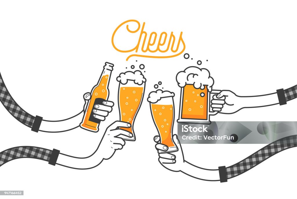 Four hands holding four beer bottles. Clinking glasses in plaid shirt. Party celebration in a pub. Isolated vector illustration of four drunk person drinking beer on white background. Cheers mate Celebratory Toast stock vector