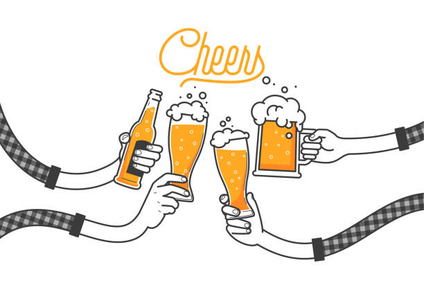 Four hands holding four beer bottles. Clinking glasses in plaid shirt. Party celebration in a pub. Isolated vector illustration of four drunk person drinking beer on white background. Cheers mate Four hands holding four beer bottles. Clinking glasses in plaid shirt. Party celebration in a pub. Isolated vector illustration of four drunk person drinking beer on white background. Cheers mate cheers stock illustrations