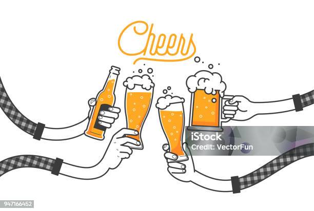 Four Hands Holding Four Beer Bottles Clinking Glasses In Plaid Shirt Party Celebration In A Pub Isolated Vector Illustration Of Four Drunk Person Drinking Beer On White Background Cheers Mate Stock Illustration - Download Image Now