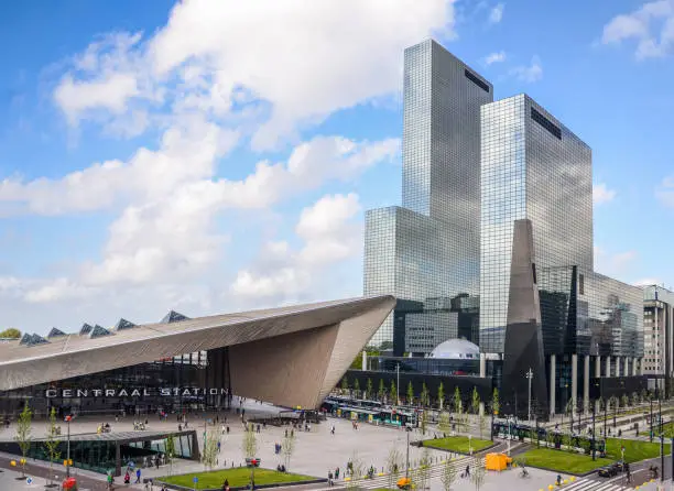 Photo of Rotterdam, Netherlands financial centre skyline, including the Central Station, which is an important transport hub with 110,000 passengers per day.