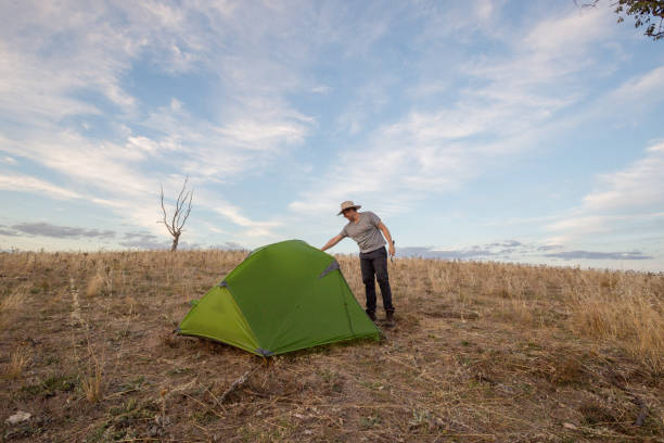 istock Young man camping in a cowboy hat inspects his tent 947171412