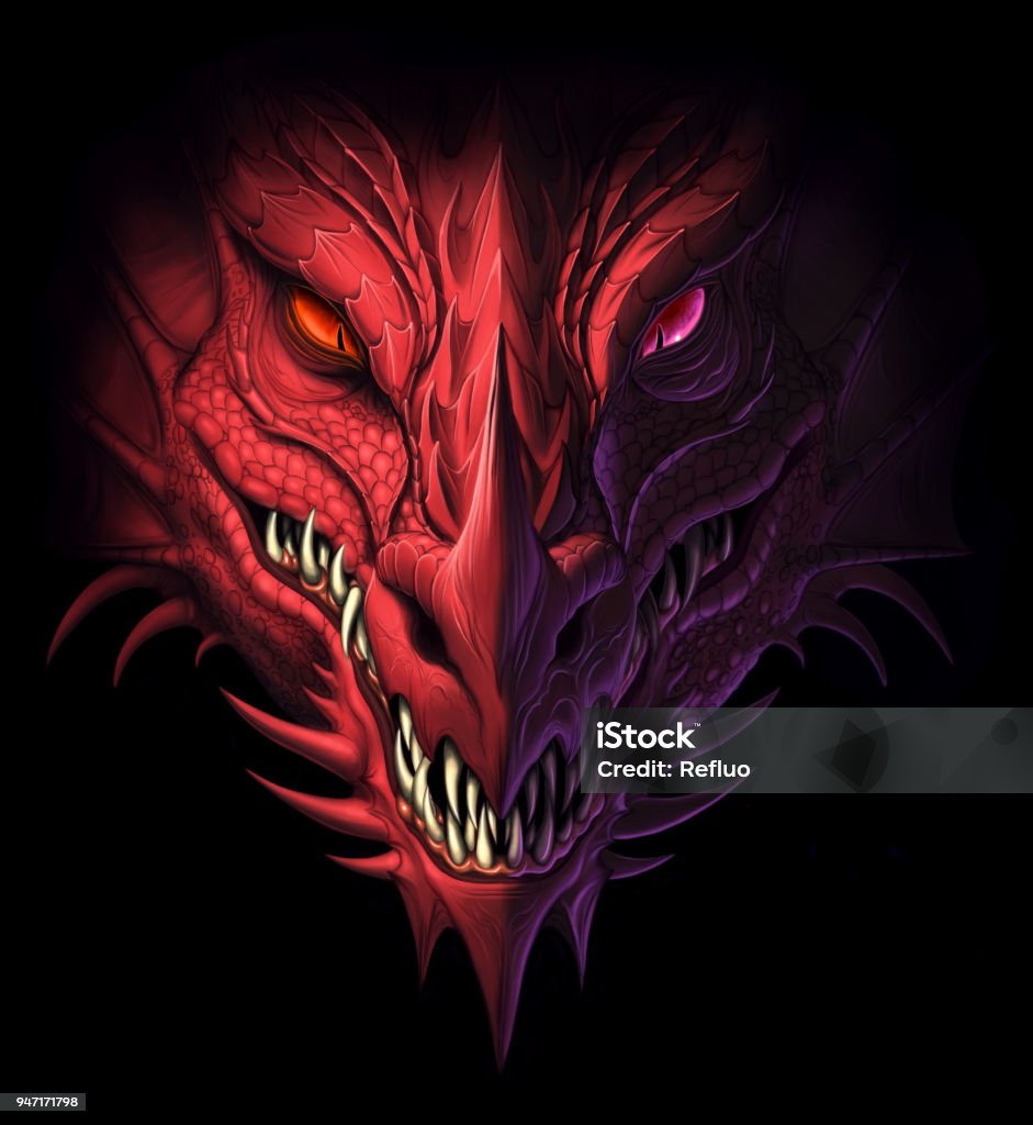 Dragon head in darkness Head of angry red dragon on the black background. Digital painting. Dragon stock illustration