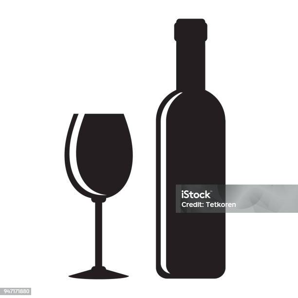 Black Wine Bottle And Glasson White Stock Vector Illustration Stock Illustration - Download Image Now