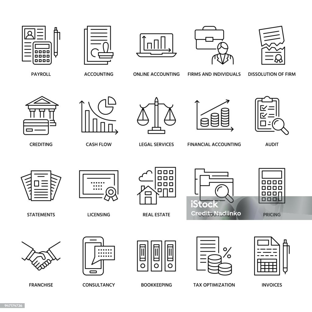 Financial accounting flat line icons. Bookkeeping, tax optimization, firm dissolution, accountant outsourcing, payroll, real estate crediting. Accountancy finance thin linear signs for legal services Financial accounting flat line icons. Bookkeeping, tax optimization, firm dissolution, accountant outsourcing, payroll, real estate crediting. Accountancy finance thin linear signs for legal services. Icon Symbol stock vector