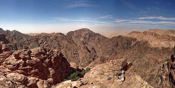 Petra, Wadi Musa, Jordan, March 9th 2018: Panoramic view of a picnic place in high resolution composed of several single photos, stitched
