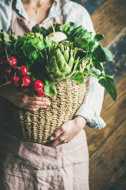 istock Female farmer in apron holding basket with fresh vegetables 947181386