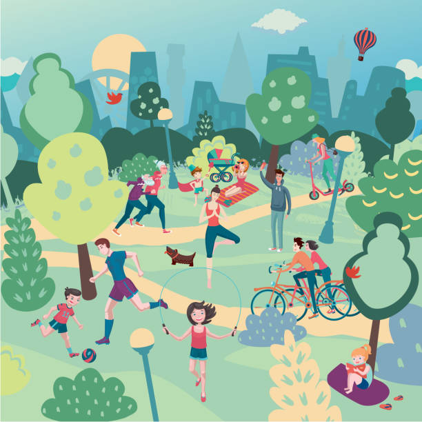 Family holiday on nature. Aerialview of city park with people. Summer sport and recreation panoramic landscape Aerialview of city park with people. Family holiday on nature. Summer sport and recreation panoramic landscape cartoon of the summer for kids stock illustrations