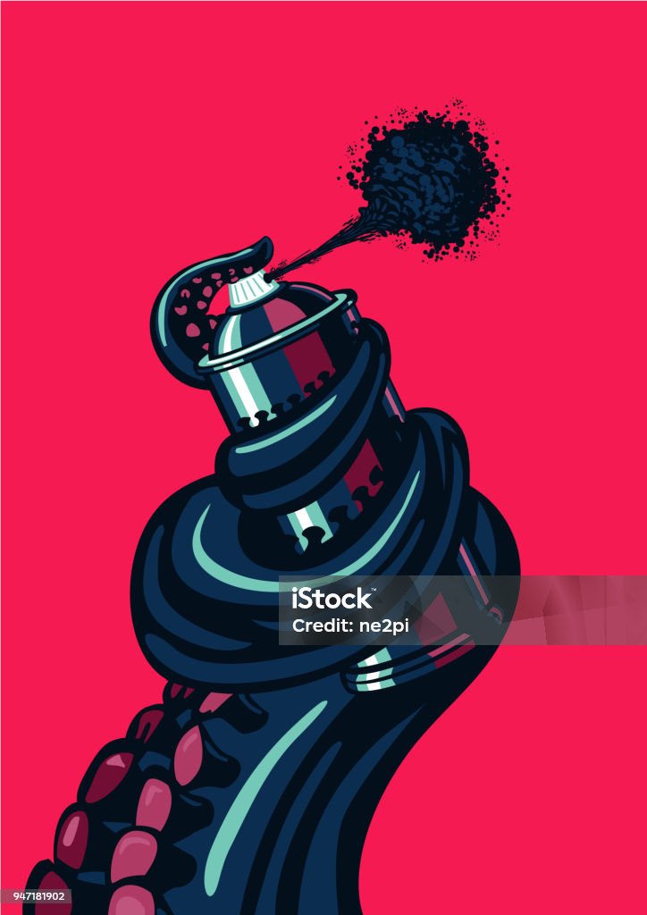 Octopus tentacle is holding a graffity spray can. Underground cotemporary artist illustration. Underground cotemporary artist illustration. Octopus tentacle is holding a graffity spray can. Graffiti stock vector