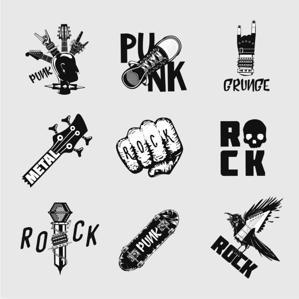 Rock music vintage embleme set. Undeground punk signs. Black and white icons set. Heavy metal illustration. vector art illustration
