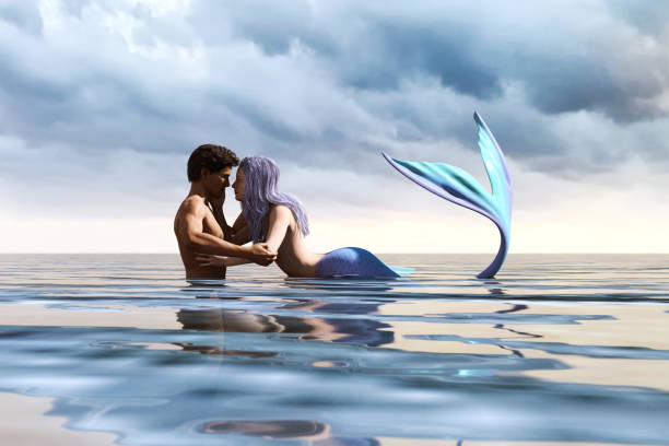 A sea love story between man and a mermaid,3d Fantasy mermaid in mythical sea,Fantasy fairy tale of a sea nymph,3d illustration for book cover or book illustration
