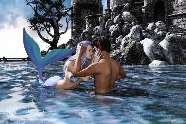 A sea love story between man and a mermaid,3d Fantasy mermaid in mythical sea,Fantasy fairy tale of a sea nymph,3d illustration for book cover or book illustration