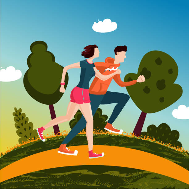 ilustraciones, imágenes clip art, dibujos animados e iconos de stock de funcionando el par. personas correr en un parque. hombre y mujer en el trabajo. ilustración de estilo de dibujos animados. deporte al aire libre activado. - sport couple isolated muscular build