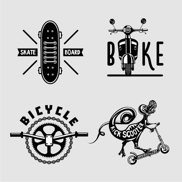 Urban exterme sport set. Vintage city transportation embleme collection. Black and white t shirt prints with scooter, bike and board. Vintage city transportation embleme collection. Urban exterme sport set. Black and white t shirt prints with scooter, bike and board. skateboard tattoo stock illustrations