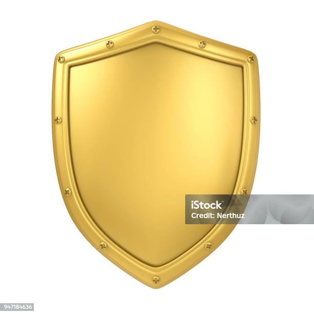 Escudo Dorado Aislado Foto de stock y más banco de imágenes de Escudo - Arma de protección - Escudo - Arma de protección, Protegerse con las manos, Oro - Metal