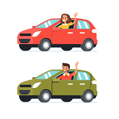 Happy man and woman  drive their cars.  Flat style vector illustration isolated on white background.