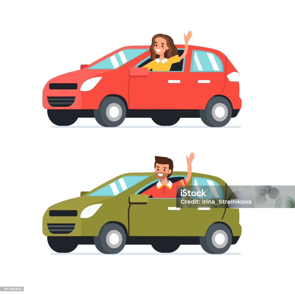 car Happy man and woman  drive their cars.  Flat style vector illustration isolated on white background. Car stock vector