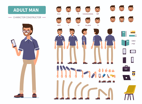 Adult man character constructor for animation. Front, side and back view. Flat  cartoon style vector illustration isolated on white background.