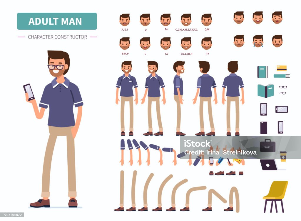 adult man Adult man character constructor for animation. Front, side and back view. Flat  cartoon style vector illustration isolated on white background. Characters stock vector