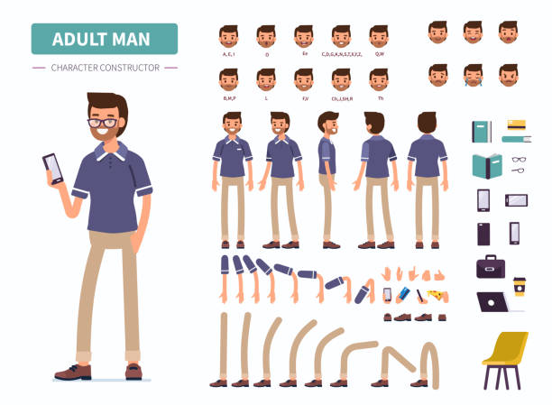 adult man Adult man character constructor for animation. Front, side and back view. Flat  cartoon style vector illustration isolated on white background. rigging stock illustrations