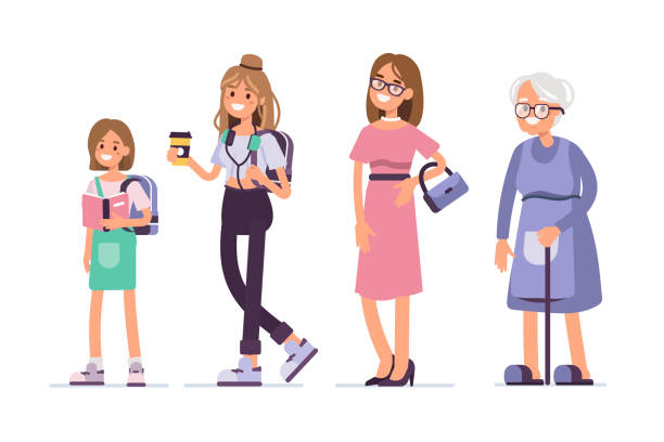 Generations of woman Generations of woman. Different age womens standing together. Flat style vector illustration isolated on white background. teenage girl with grandmother stock illustrations
