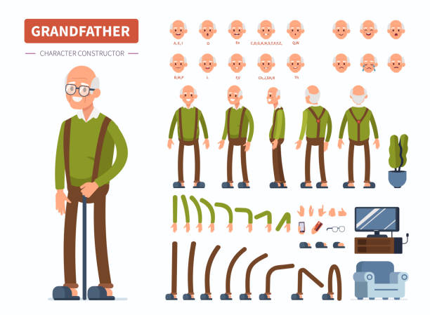 grandfather Elderly man character constructor for animation. Front, side and back view. Flat  cartoon style vector illustration isolated on white background. rigging stock illustrations