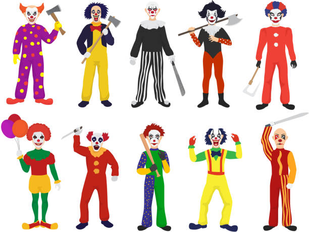 clown vektor clowneske figur clownerie auf leistung im zirkus und cartoon mann clownerie abbildung reihe von gala mit beängstigend oder gruselig ausdrücke isoliert auf weißem hintergrund - clown evil horror spooky stock-grafiken, -clipart, -cartoons und -symbole
