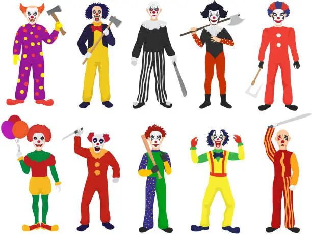 Vector illustration of Clown vector clownish character clowning on performance in circus and cartoon man of clownery illustration set of perfomers with scary or creepy expressions isolated on white background