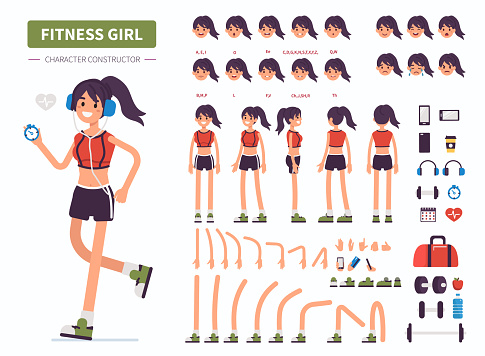 Fitness  girl character constructor for animation. Front, side and back view. Flat  cartoon style vector illustration isolated on white background.
