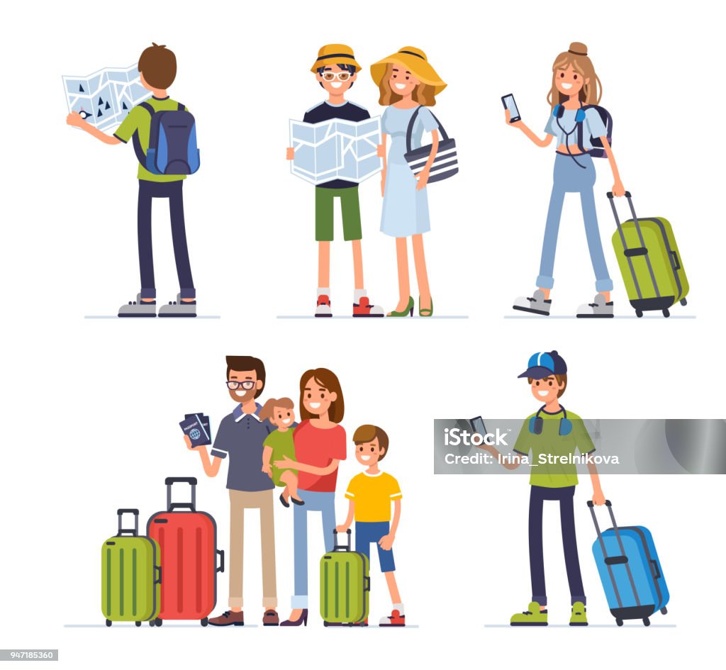 traveling people Different people travel on summer vacation. Flat style vector illustration isolated on white background. Tourist stock vector