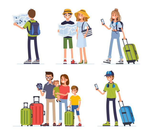 traveling people Different people travel on summer vacation. Flat style vector illustration isolated on white background. tourism illustrations stock illustrations