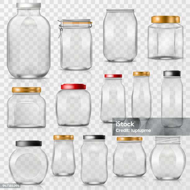 Glasglasvektor Leer Mason Glas Mit Deckel Oder Decken Für Die Konservenindustrie Und Erhaltung Abbildung Dolcetto Satz Behälter Oder Cuppingglass Auf Transparenten Hintergrund Isoliert Stock Vektor Art und mehr Bilder von Einmachglas