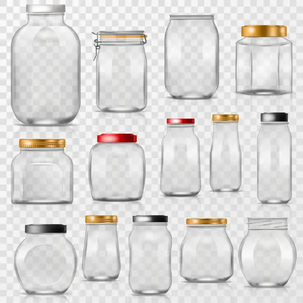 Vector illustration of Glass jar vector empty mason glassware with lid or cover for canning and preserving illustration glassful set of container or cuppingglass isolated on transparent background