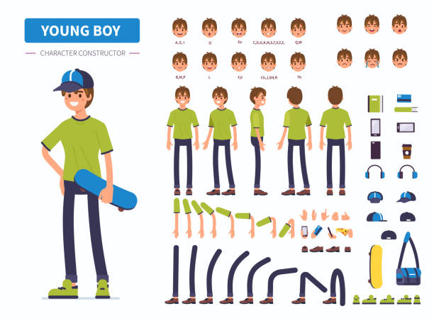 young boy Young  boy or teenager character constructor for animation. Front, side and back view. Flat  cartoon style vector illustration isolated on white background. rigging stock illustrations