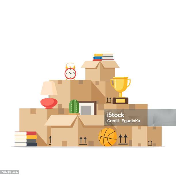 Moving With Boxes To New Home Stock Illustration - Download Image Now - Relocation, Box - Container, Physical Activity