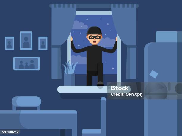 Thief Broken In Through The Window Stock Illustration - Download Image Now - Burglar, Burglary, Thief