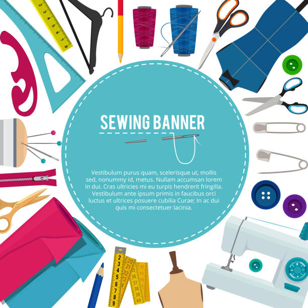 Background picture with different sewing elements and place for your text Background picture with different sewing elements and place for your text. Sewing poster with needle and scissors illustration Stitch stock illustrations