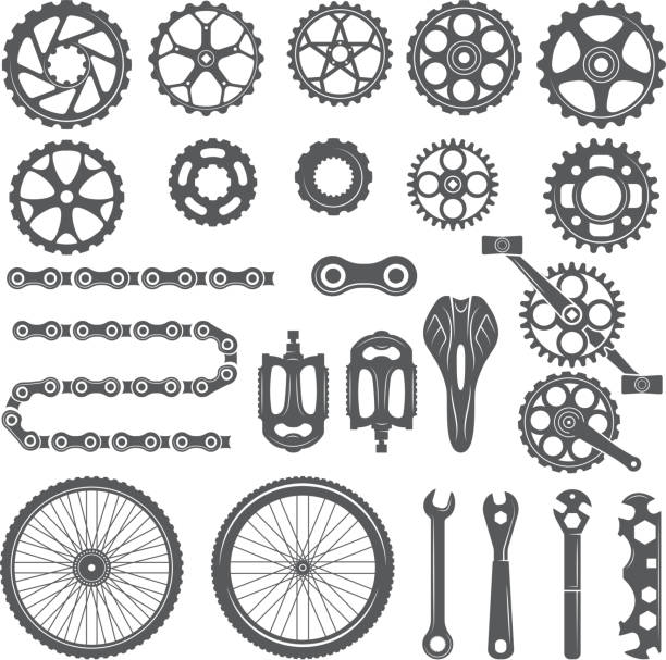 koła zębate, łańcuchy, koła i inne różne części roweru - bicycle pedal stock illustrations