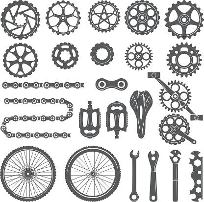 Gears, chains, wheels and other different parts of bicycle. Bike pedal and elements for cycle biking, vector illustration