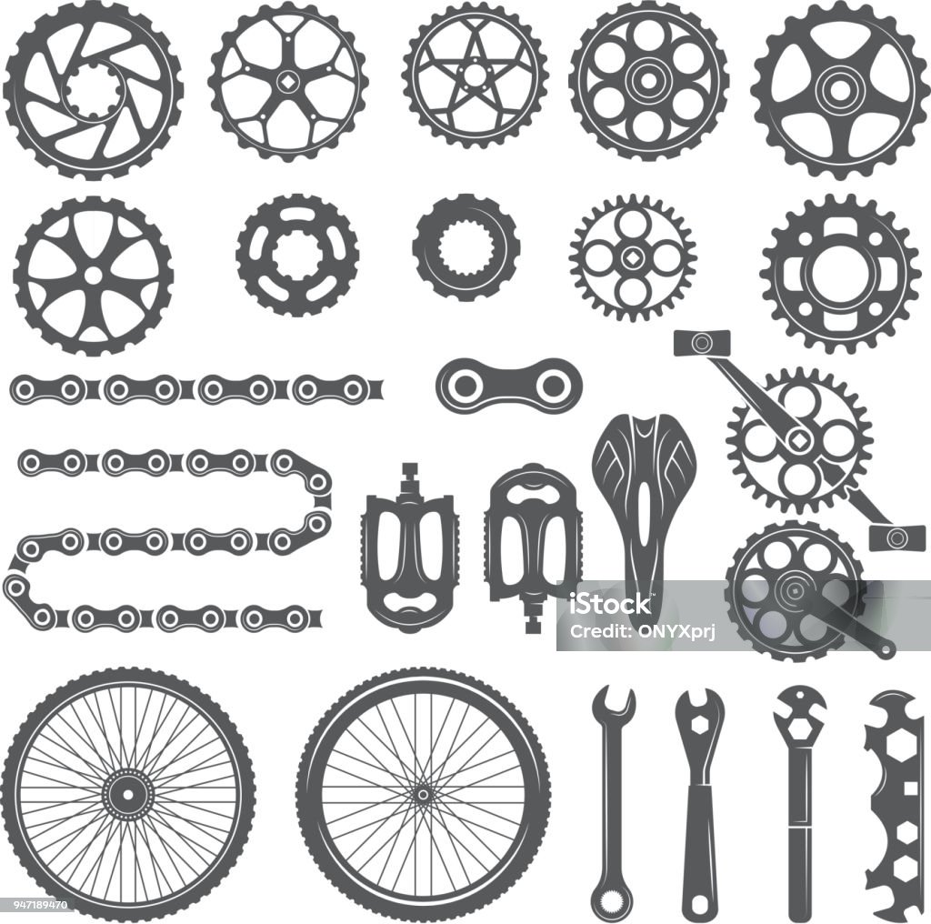 Gears, chains, wheels and other different parts of bicycle Gears, chains, wheels and other different parts of bicycle. Bike pedal and elements for cycle biking, vector illustration Bicycle stock vector