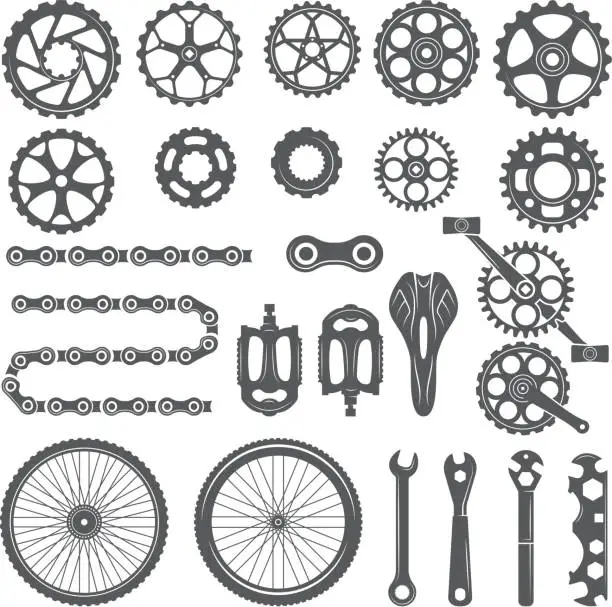 Vector illustration of Gears, chains, wheels and other different parts of bicycle