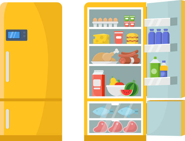illustrazioni stock, clip art, cartoni animati e icone di tendenza di illustrazioni vettoriali di frigorifero vuoto e chiuso con diversi alimenti sani - frigorifero