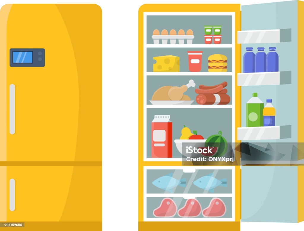 Vector illustrations of empty and closed refrigerator with different healthy food Vector illustrations of empty and closed refrigerator with different healthy food. Refrigerator kitchen, freeze meat on shelf Refrigerator stock vector