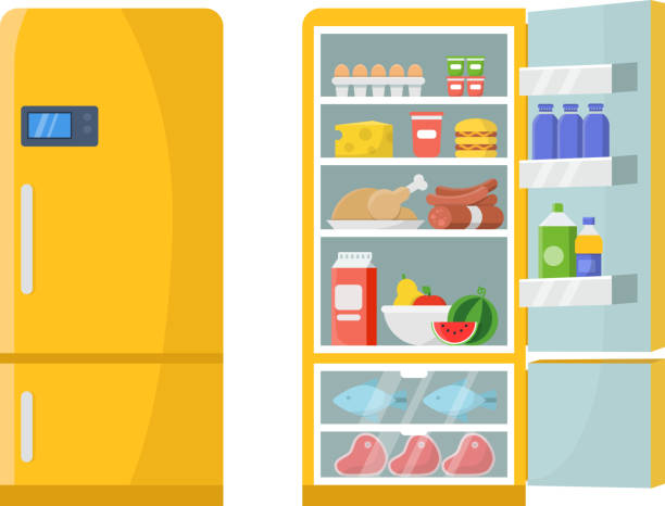 Vector illustrations of empty and closed refrigerator with different healthy food Vector illustrations of empty and closed refrigerator with different healthy food. Refrigerator kitchen, freeze meat on shelf freezer full food meat stock illustrations