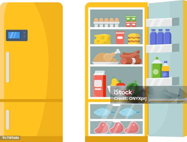 Vector Illustrations Of Empty And Closed Refrigerator With Different Healthy Food Stock Illustration - Download Image Now