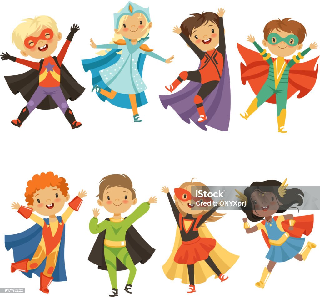 Kids in superhero costumes. Funny characters isolate on white background Kids in superhero costumes. Funny characters isolate on white background. Comic character kids in superhero costume, vector illustration Superhero stock vector