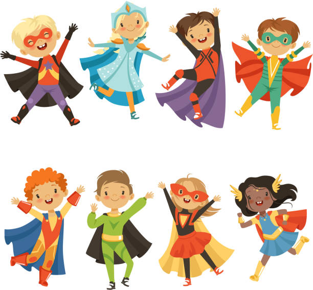 Kids in superhero costumes. Funny characters isolate on white background Kids in superhero costumes. Funny characters isolate on white background. Comic character kids in superhero costume, vector illustration mask disguise illustrations stock illustrations