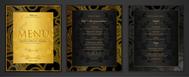 illustrazioni stock, clip art, cartoni animati e icone di tendenza di modello design restaurant menu in colore nero con motivo cornice oro (bordo) - invitation elegance dinner backgrounds