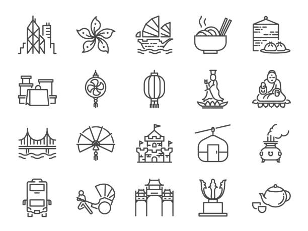 hong kong reisen-icon-set. enthalten die symbole als stadt, bark, tian tan big buddha, guan yin statue, seilbahn, dim sum, wahrzeichen, sehenswürdigkeiten und mehr - bodhisatva stock-grafiken, -clipart, -cartoons und -symbole